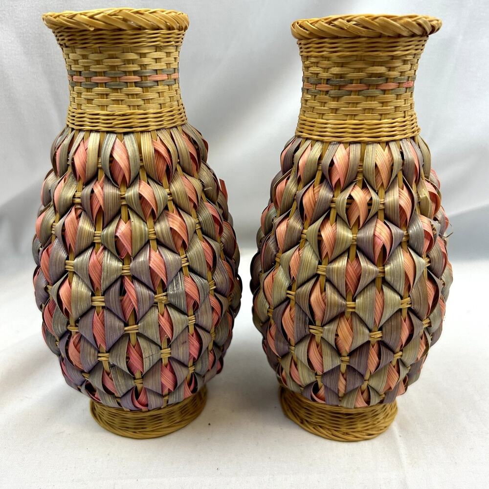 SKU2272 Vintage Wicker Woven Glass Vases Candle Holders Pink Purple Pair